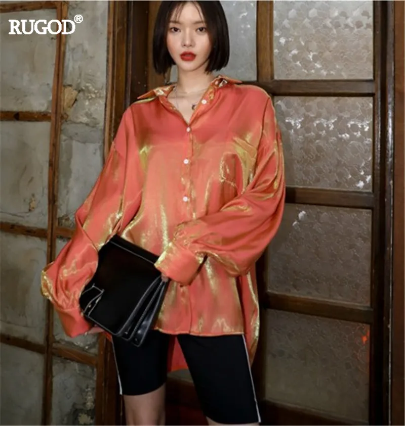 

RUGOD 2019 spring summer Beautiful and shiny texture, stylish temperament lapel long-sleeved blouse casual lady