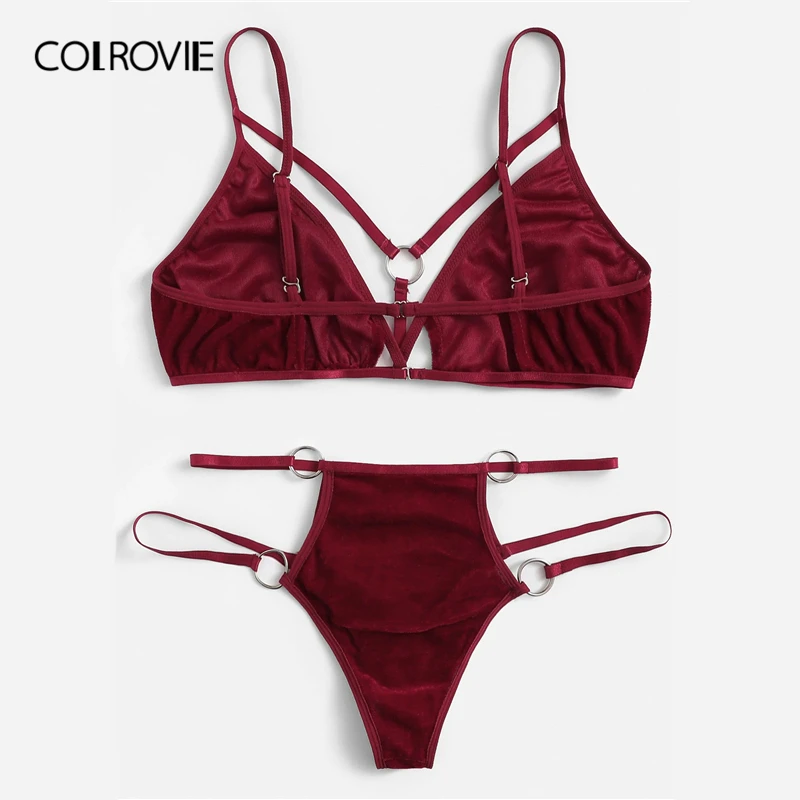 COLROVIE Burgundy Cut Out Harness Velvet Sexy Intimates Women Lingerie Set Wireless Underwear Bra Set Thongs With V-Strings