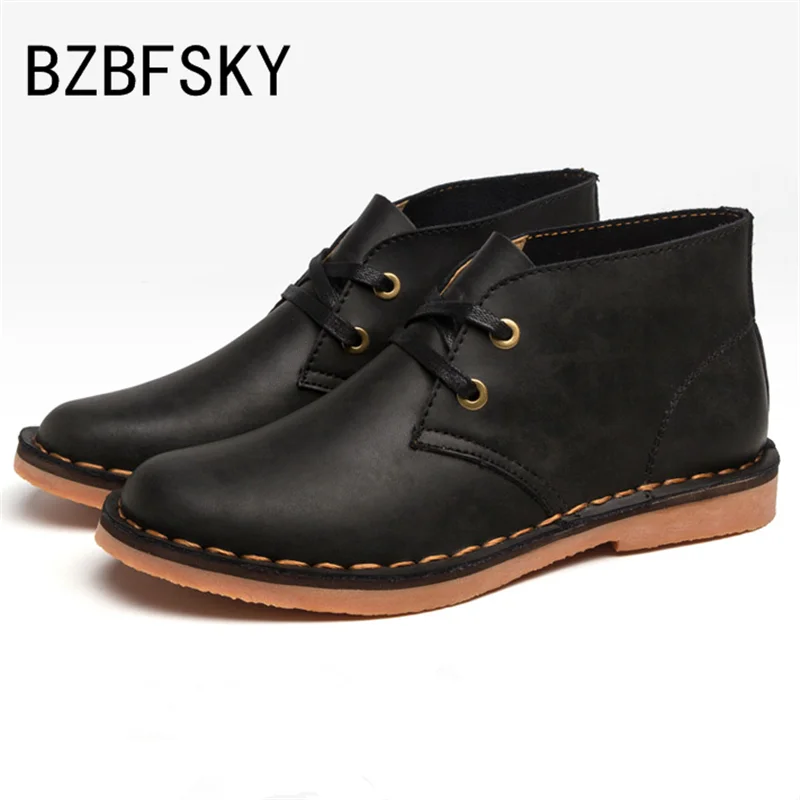 BZBFSKY New Hot Classic Leather Tooling Boots Crazy Horse Men Fashion Desert Boot Popular High Top Shoes Autumn Winter Flats - Color: Black