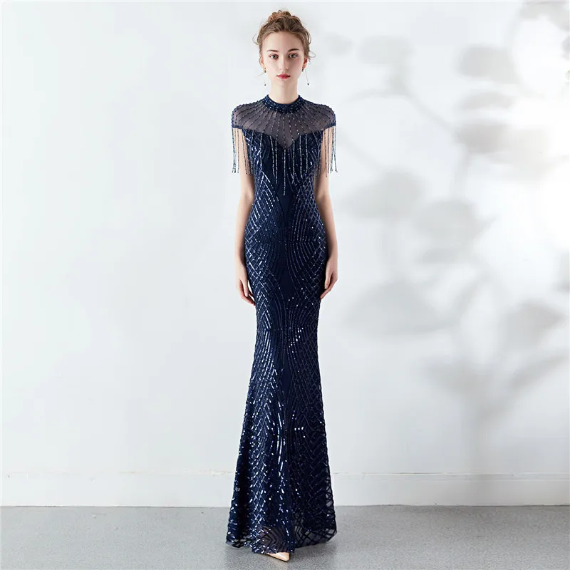 Navy Blue Летнее платье для женщин длинное Лето Весна Элегантный банкет тонкий Русалка Длинное Макси Вечерние блестящее платье - Цвет: Navy Blue