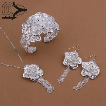 

Hot Sell Silver Plated Jewelry Set,Cheap Bridal Party Sets,Big Flower Fashion Silver Necklace Bracelet Earring Ring For Women