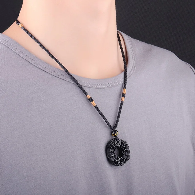 Натуральный черный обсидиан оникс кулон ожерелье Счастливые амулеты для мужчин и женщин с веревкой цепи