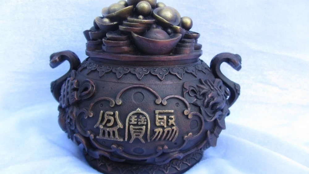 

Chinese Folk Red Copper Bronze Feng Shui Lucky Wealth YuanBao Coin treasure bowl
