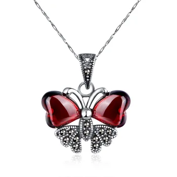 

high quality female jewelry 925 silver natural stones red corundum garnet animal cartoon shape butterfly pendant with chain