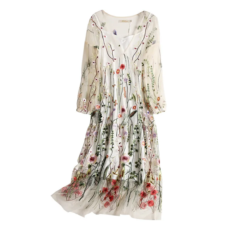 

2019 summer new heavy industry embroidery mesh see-through dress simulation silk small strap set party dress women dress