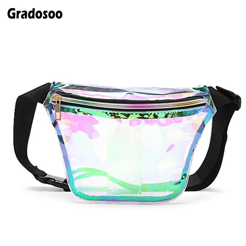 

Gradosoo Women's Fashion Laser PVC Transparent Waist Bag Bananka Travel Fanny Pack Women Walking Mountaineering Belly Bag LBF454