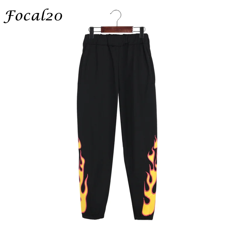 Focal20 Harajuku пламя печати Для женщин штаны с эластичной резинкой на талии повседневные свободные огонь принтом длинные штаны брюки уличная