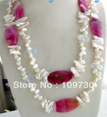 

Jewelry 0012181 White Biwa&Baroque Pearl Faceted Drip Moonstone Hot Pink Agate Necklace 50" can Choice 5.4