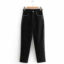 ANSFX винтажные черные заклепки тонкие джинсовые прямые брюки Модные женские карманы с высокой талией повседневные брюки длиной до