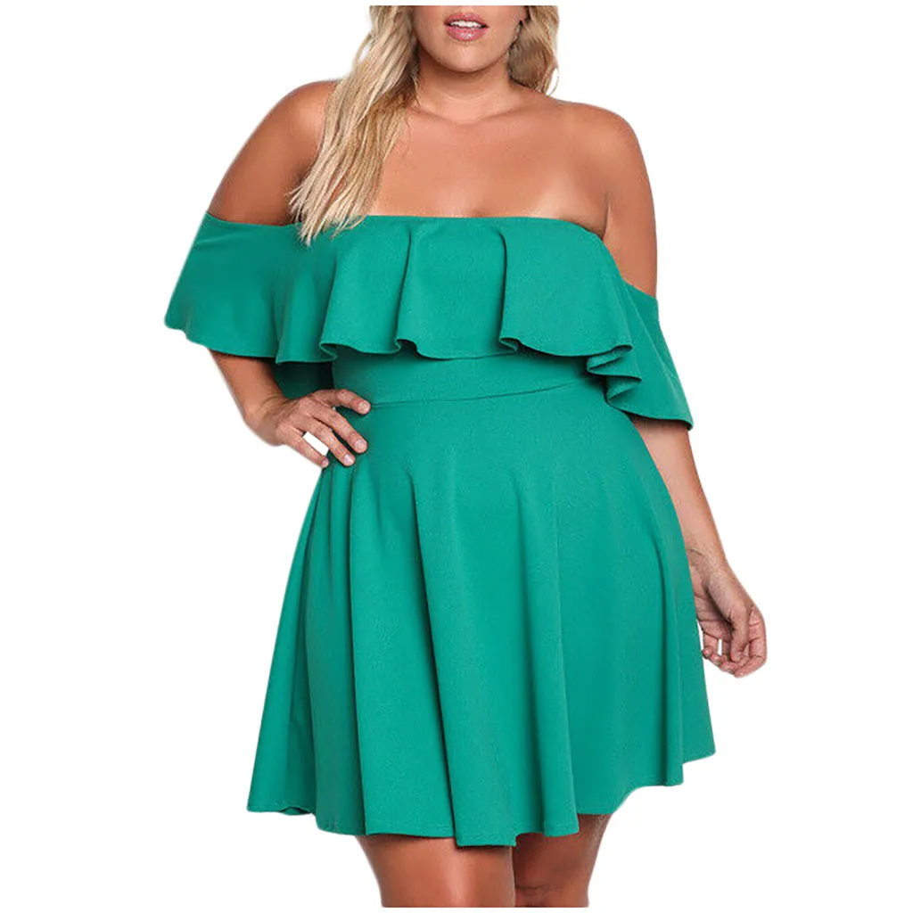 

JAYCOSIN clothes dress Women Plus Size Off Shoulder Solid Clubwear Ruffled Sleeve Party Mini Daliy Dress