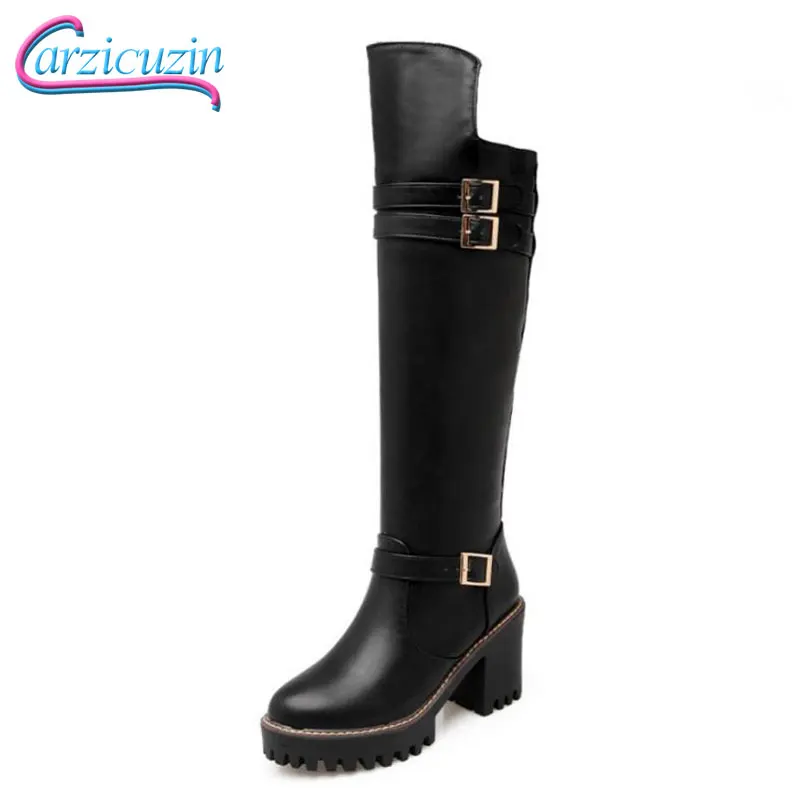 

Carzicuzin Vintage Women High Heel Boots Platform Buckle Winter Shoes Women Warm Fur Knee High Boots Motorcycle Shoes Size 34-43