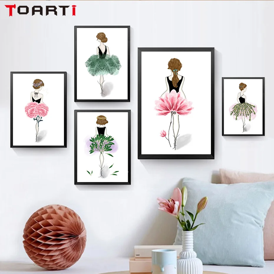 

Nordic Style watercolor Flower Girl Canvas Painting wall art picture pink Princess Poster And Print girls living room Home Decor
