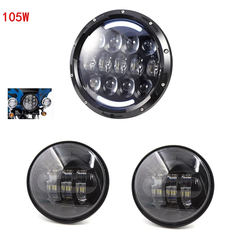 7'' LED Projector Headlight H4 Led Headlamp with 4.5'' 30W LED Fog Lamp Auxiliary Light Bulb for Harley Motorcycle L006