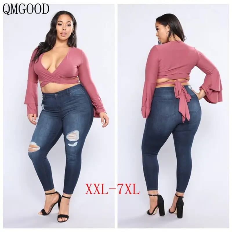 

QMGOOD Female Clothes Summer 6XL Torn Ripped Jeans Women Large Size Push Up Jeans Big Size Mom Jeans Stretch Tights Denim Pants