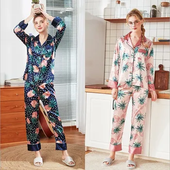 

YT- 067 Womens Summer V-Neck Fruit Sleepwear Long Sleeve Trousers Two Piece Pajamas Set