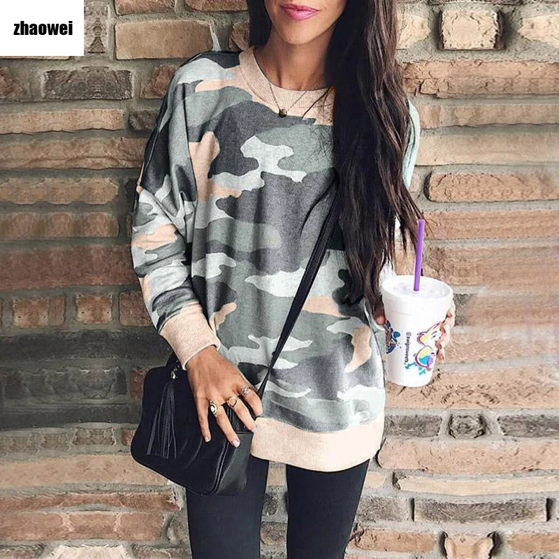 

recommend2019 autumn and winter fashion printed round neck long-sleeved blouse Camouflage sweater women hoodies