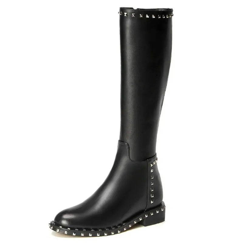 

Luxury Round Toe Woman Genuine Leather Boots Women Fashion Comfort Low-Heel Knee High Boots Rivet Shoes Fall Winter