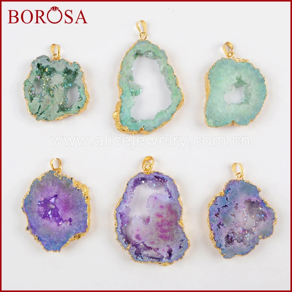 BOROSA 10PCS New Arrival Gold Color Dyed Rainbow Druzy In Titanium AB Pendant Beads Drusy Jewelry for Women Necklace G1526 | Украшения и