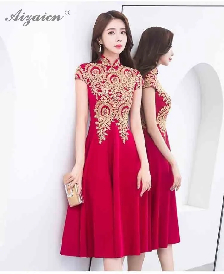 Novia moda corto rojo Cheongsam vestido bordado flor Qi Pao mujeres chino tradicional ropa Qipao Восточный vestidos de boda