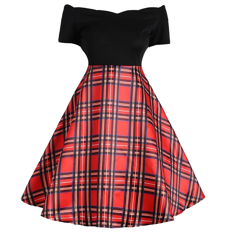 

Retro Hepburn Robe Sexy Scalloped Off-the-shoulder Slash Neck Red Tartan Plaid Slim Waist Flare Dress Pin-up Rockabilly Vestidos