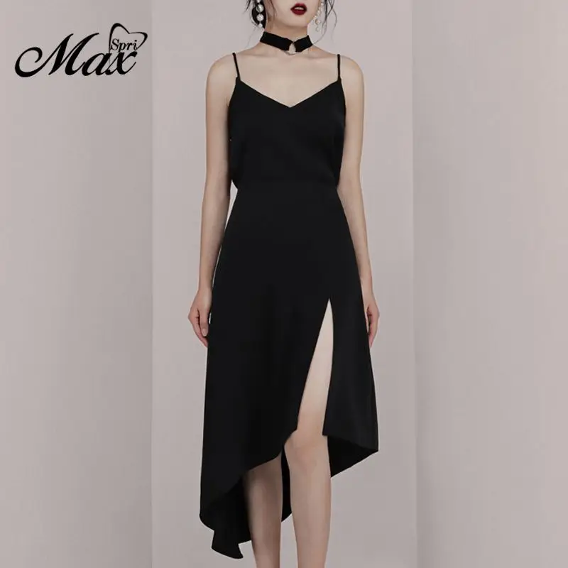 Max Spri Новые Сексуальные Спагетти ремни V вырез с разрезом асимметричное подол вечерние маленькое черное платье миди