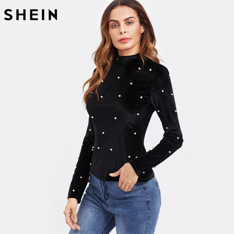 SHEIN Pearl Detail Slim Fit Velvet Tee Autumn Casual Long Sleeve T ...