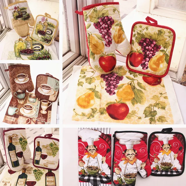 Best Price European style 100% Cotton Kitchen Fruit Coffee Designs Oven Gloves Potholders Towels As Kitchen Tool Gift Set Bakeware