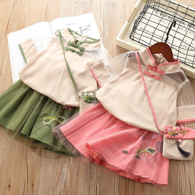

2019 Girls Summer Mesh Short-Sleeved Improved Hanfu + Flowers National Wind Skirt Suit Children's Tang Two-Piece Sets