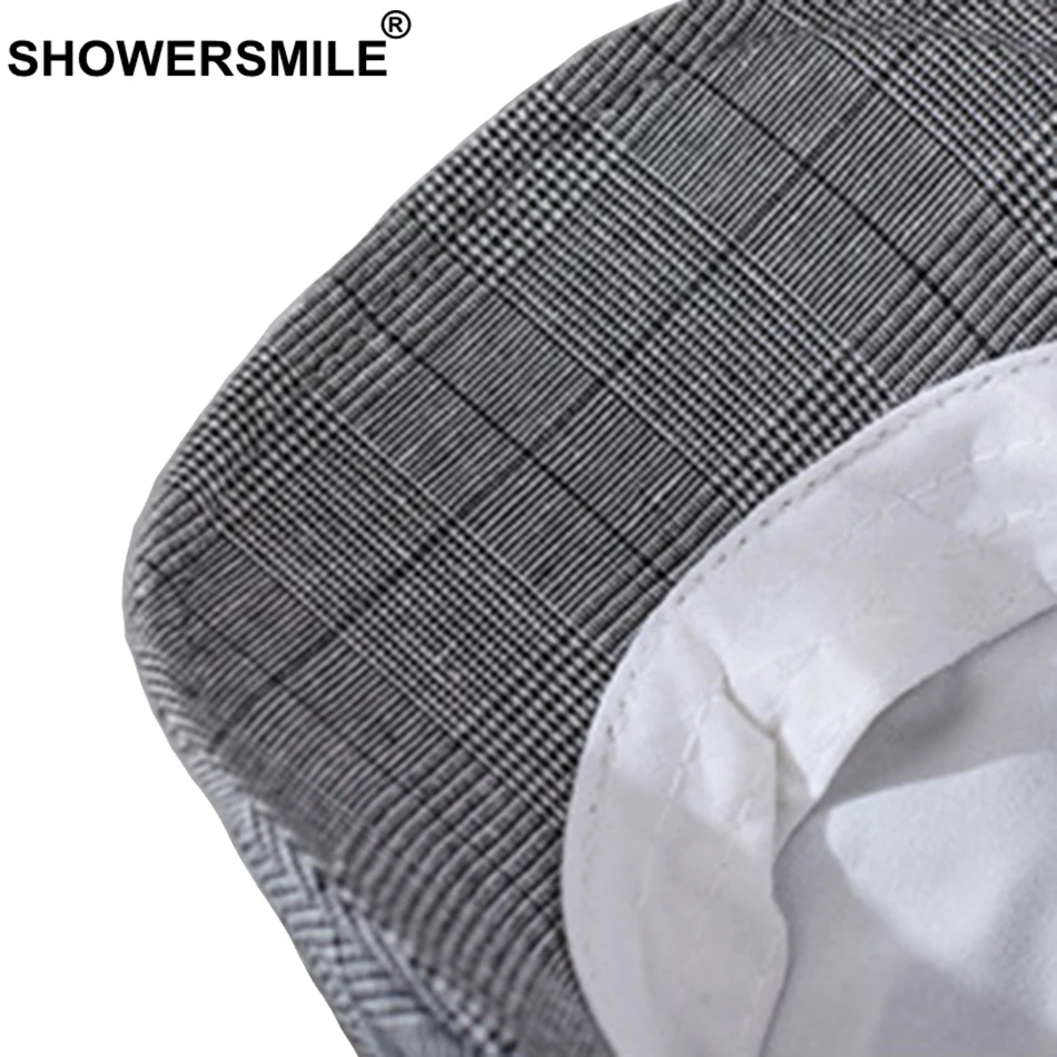 SHOWERSMILE, мужской берет, хлопок, гусиная лапка, плоская кепка, мужская, серая, в клетку, Гэтсби, винтажная, летняя, повседневная, Duckbill, шапки и кепки, s