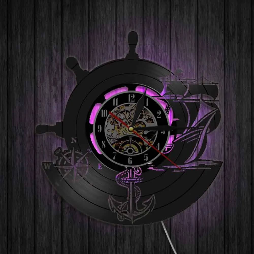 Креативные декоративные художественные настенные часы Якорь корабль морской компас Ретро Виниловая пластинка лазерная гравировка моряки настенные часы