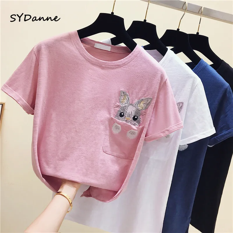 

2019 Summer Spring Cotton T Shirts for Women Embroidery Rabbit Pocket Cartoon T-shirts Female Casual T-shirt Ladies Top Tees