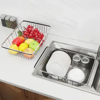 

Stainless Steel Adjustable Dish Drain Basket Tableware Drying Sink Basin Dish Drainer Rack Holder Rustproof Storage Kitchen Tool