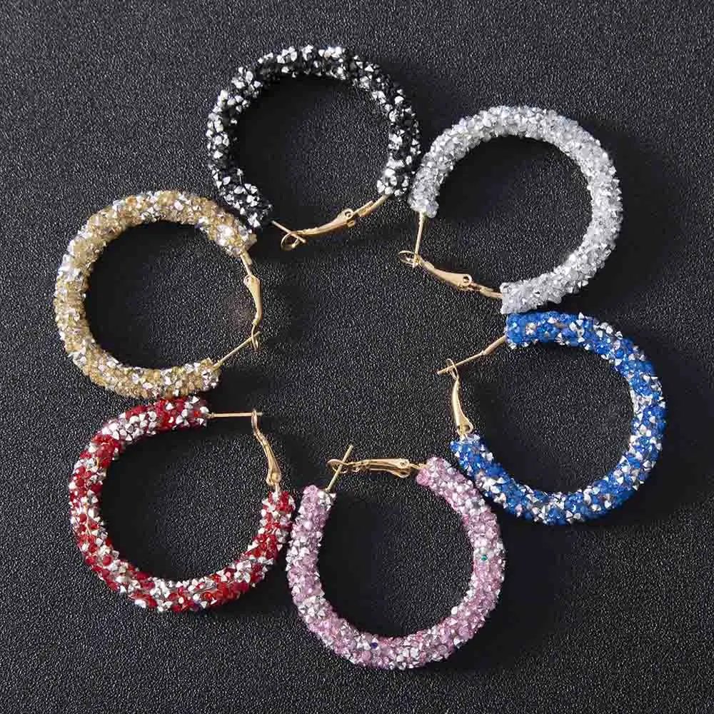 

2019 Fashion Charm Shiny Rhinestone Hoop Earrings Women's 6 Color Geometric Round Statement Big Earrings Party Jewelry