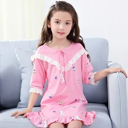 Девочки ночные рубашки pijama infantil детские пижамы для девочек кружевная ночная рубашка с круглым вырезом для девочек-подростков, летний халат, одежда для сна
