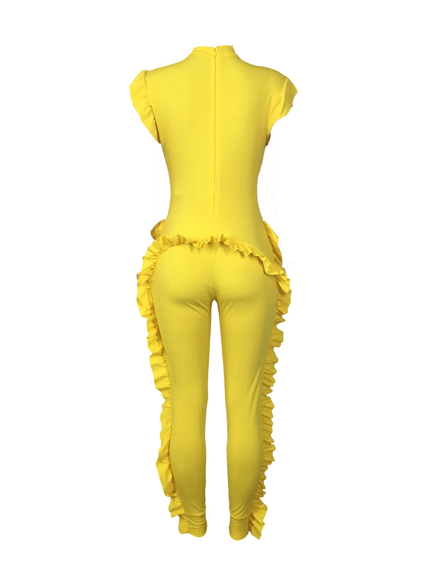 Комбинезон с оборками желтый облегающий однотонный Повседневный Модный женский эластичный комбинезон на молнии Женский Летний комбинезон размера плюс XL L