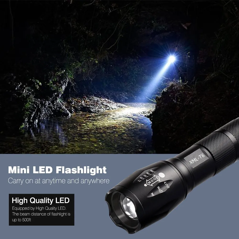 

LED Tactical Flashlight T6 5000LM Aluminum Rechargeable Waterproof Zoomable Adjustable Military Torch Light For Hiking Camping