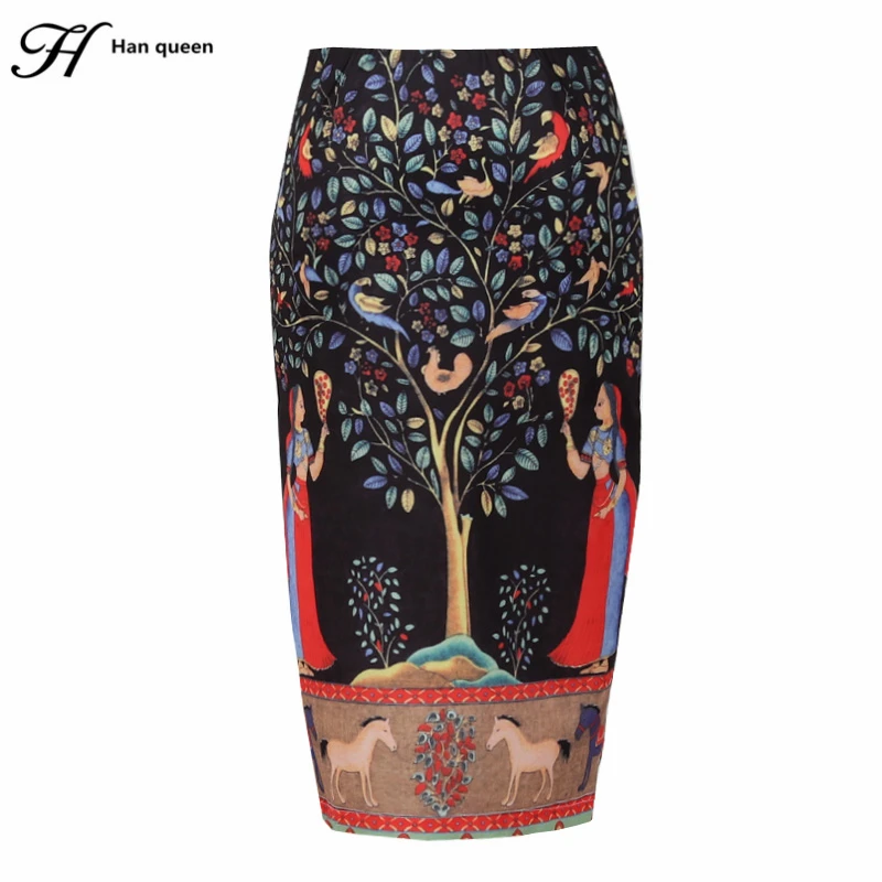 

H Han Queen Summer Vintage Women Pencil Skirt High Waist Pattern Bodycon Ladies Skirts Floral Print Slim Hip Pencil Skirts