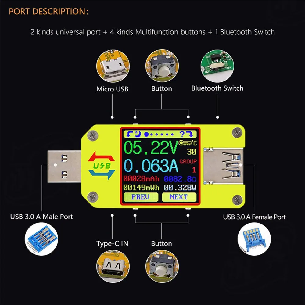 UM34 UM34C для приложения USB 3,0 тип-c Вольтметр постоянного тока Амперметр Измерение напряжения тестер сопротивления кабеля измеритель тока, для батареи заряда