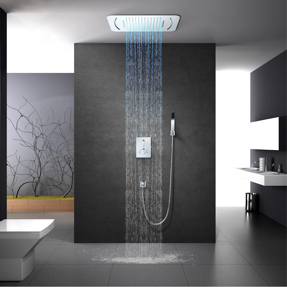 LED Light Shower Head 580*380mm Waterfall Rainfall Showerhead Thermostatic Shower Faucets Mixer Ceiling Mounted Shower Sets