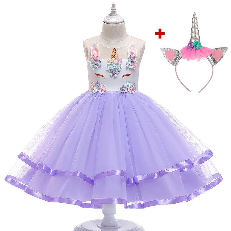 Рождественское платье с единорогом для девочек; Детские платья принцессы для девочек; свадебные платья; Косплей; вечерние платья с единорогом для девочек; vestidos - Цвет: A003 Purple 2 pcs