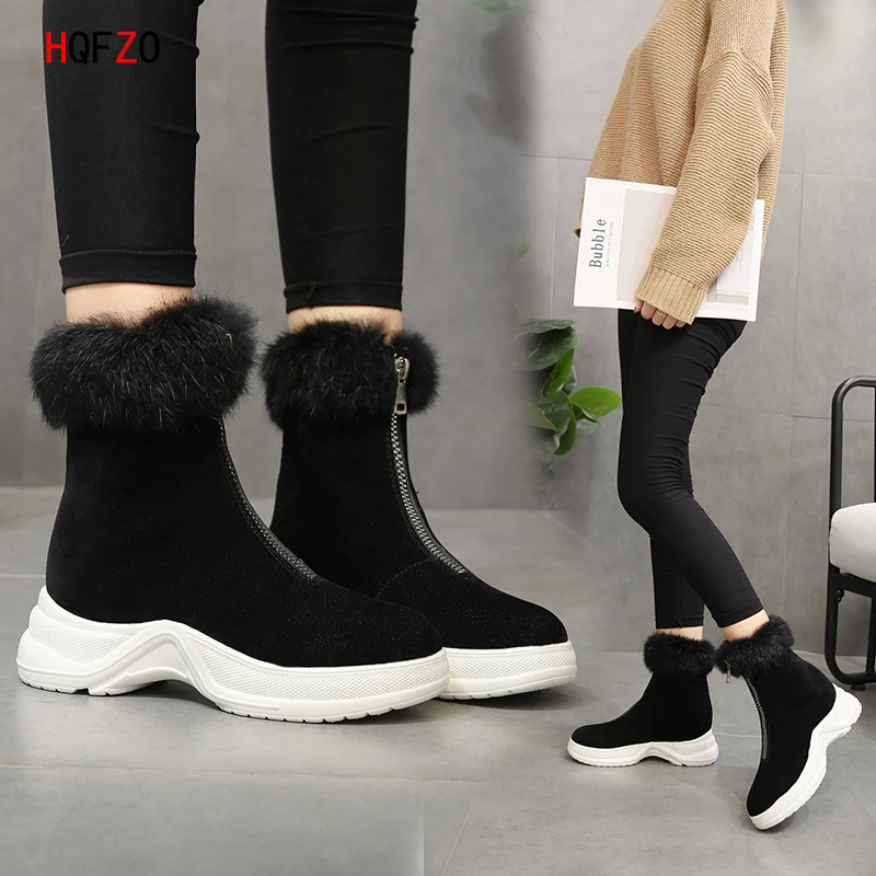 Koop HQFZO Nieuwe Bont Warm Winter Vrouw Laarzen Zwarte Hoge Hakken Plafform Kudde Rits Gesp Enkellaars Botines Mujer 2018 chaussure
