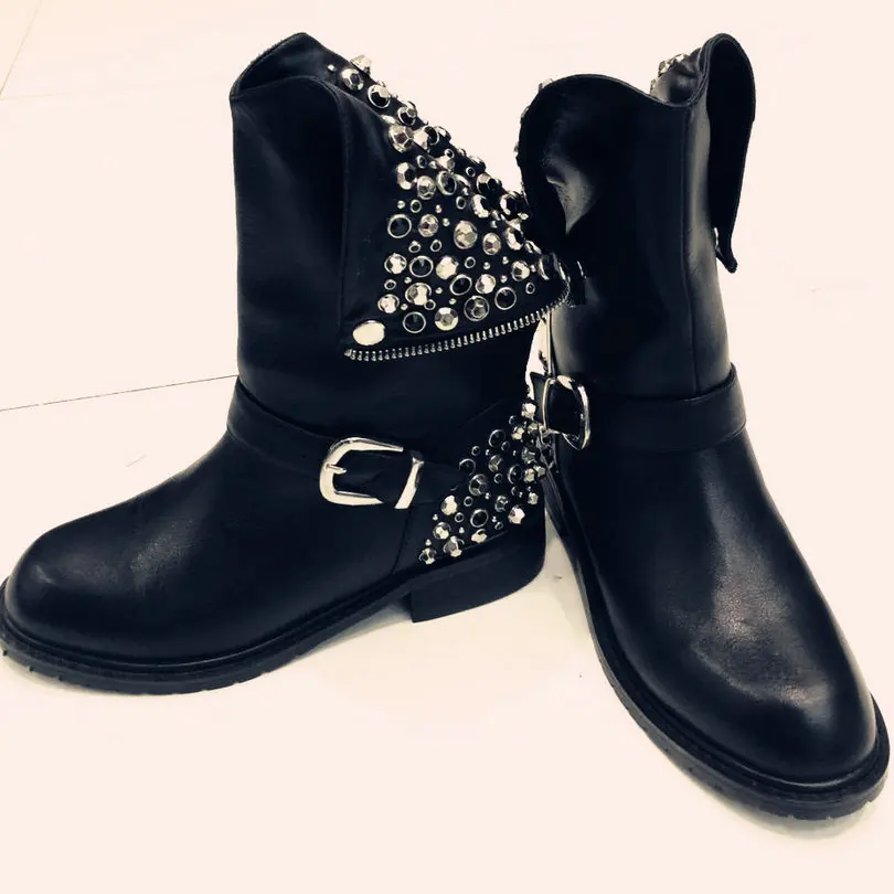 

Punk Rhinestone PU+Leather Square Low Heel Woman PU leather Ankle Boots Women Shoes Ladies Motorcycle Boot Size 34-43