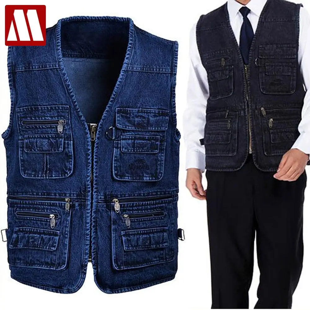 

Cotton Denim Vest Coat for Men Jacket Multi Pocket Mens Vest Free Shipping 80% OFF SALE MEN'S Autunm Casual Blue XL- 5XL MTS151