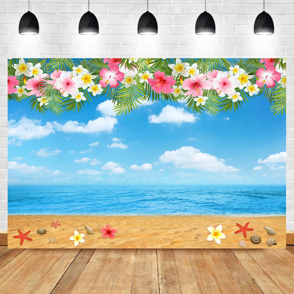 

NeoBack Beach Backdrop Hawaiian Beach Birthday Background Photography Flower Blue Sky White Clouds Booth Backdrops Photo Studio