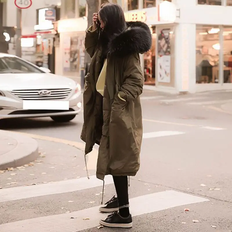 Зимнее женское пальто, большой воротник из искусственного меха, с капюшоном, Длинная женская куртка, большие размеры, утолщенная, теплая, корейский стиль, свободная, стеганая парка C38 - Цвет: Зеленый