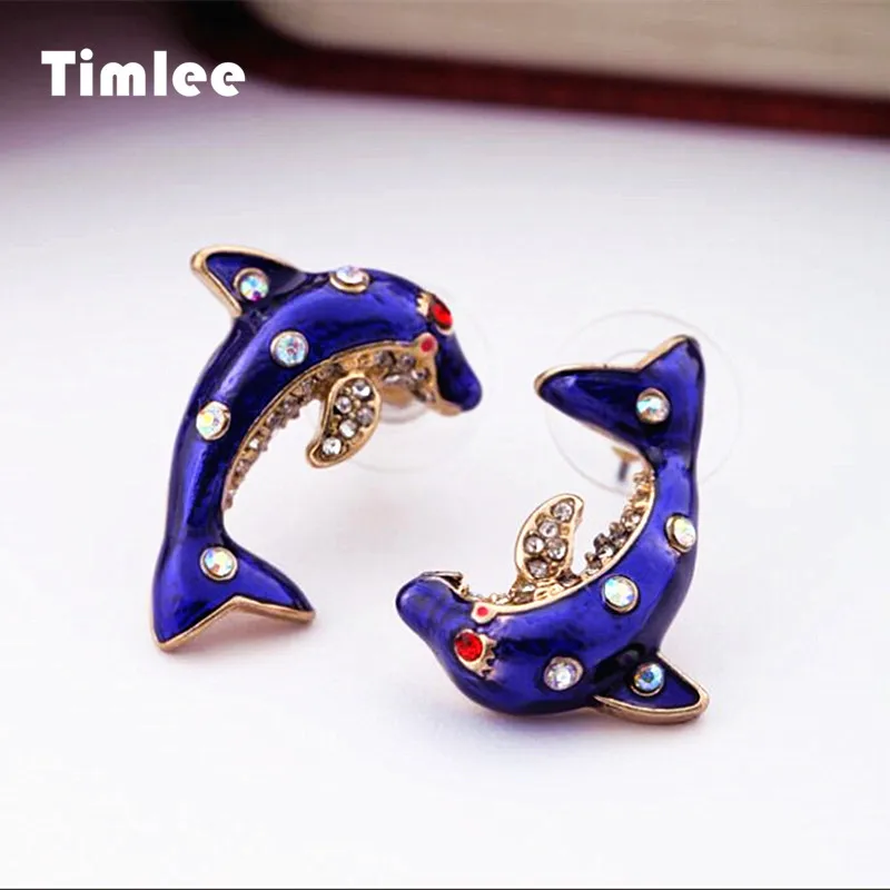 

Timlee E227 Drops of oil Rhinestone Lovely Purple Dolphin Studs Earrings,Fashion Jewelry.