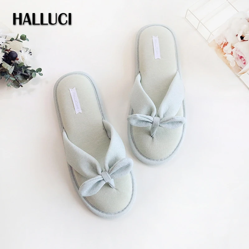 

HALLUCI Silver bowknot home slippers shoes woman pantufa flip flops women mules sapato feminino rubber soles slides terlik