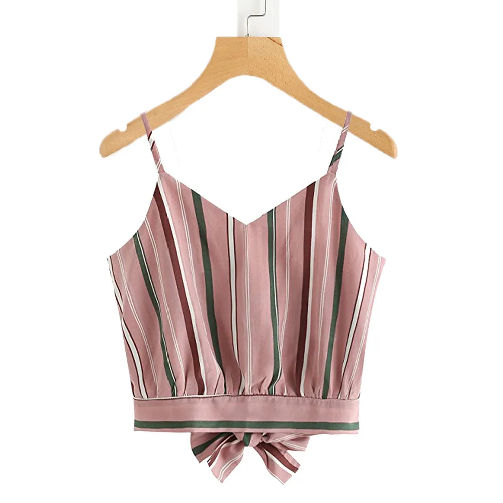 

2019 Summer Tank Tops For Women's Self Tie Back V Neck Striped Crop Tops Cami Camisole Female sexy shirt clothing Camisas Mujer