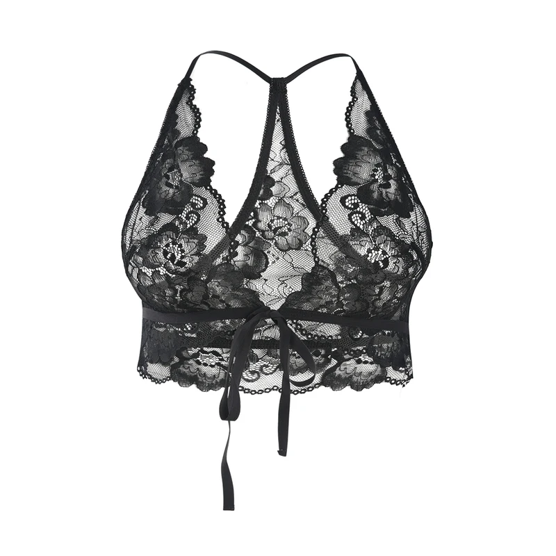 

Women lace Bra Sexy Bralette wire free patchwork transparent V-neck lace-up Female New Fashion Brassiere Lingerie Underwear