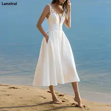 Vestido midi com renda branco, elegante, com alça espaguete, sem mangas, sexy, gola em v, vestidos de praia, feminino, para o verão